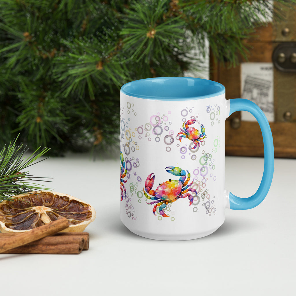 Premium White Ceramic -   Rainbow Crab Mug - Watercolor Ocean Crabs Sky Blue - 15 oz - right view