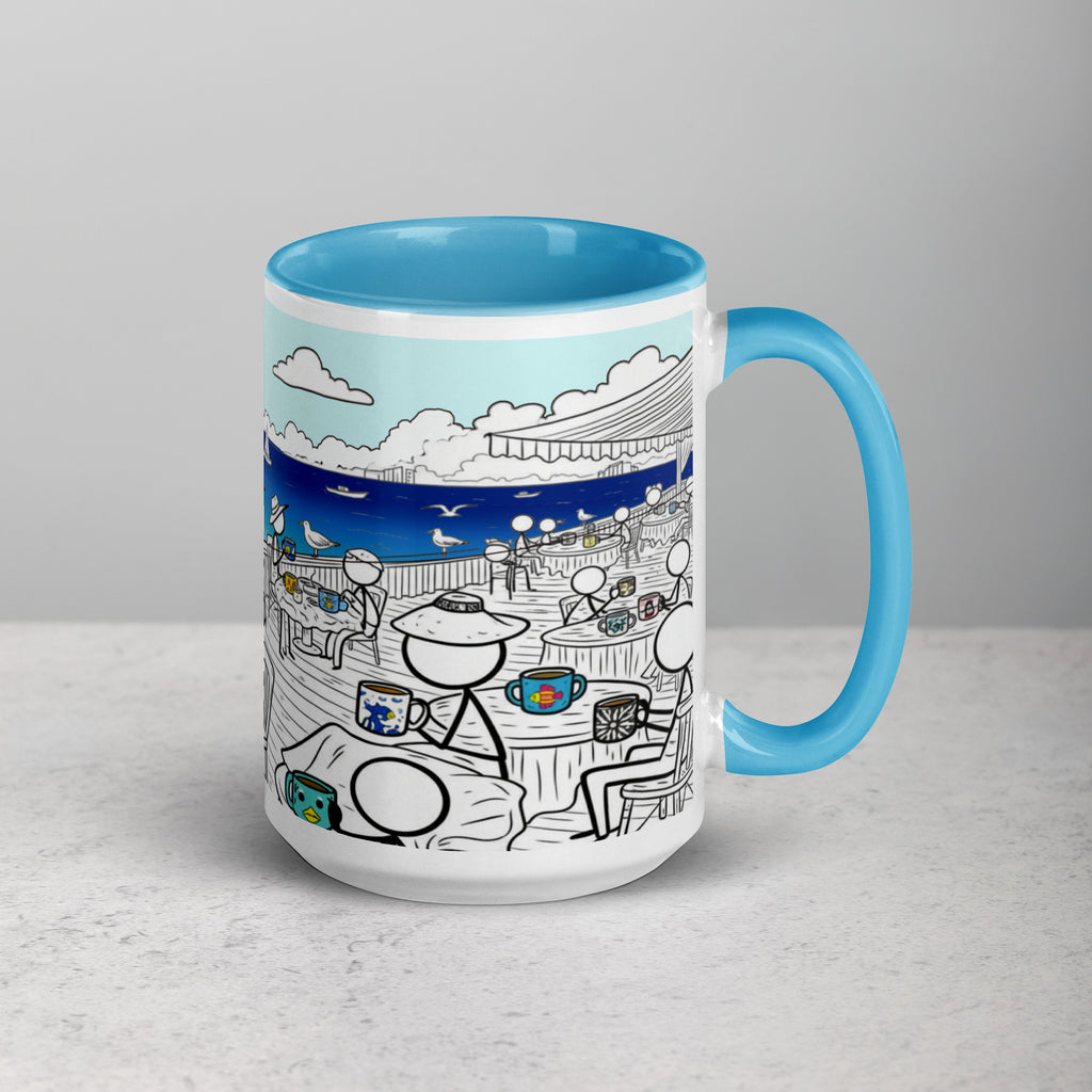 Premium White Ceramic -  Seaside Café Mug with Color Inside - Sky Blue - 15 oz - right view