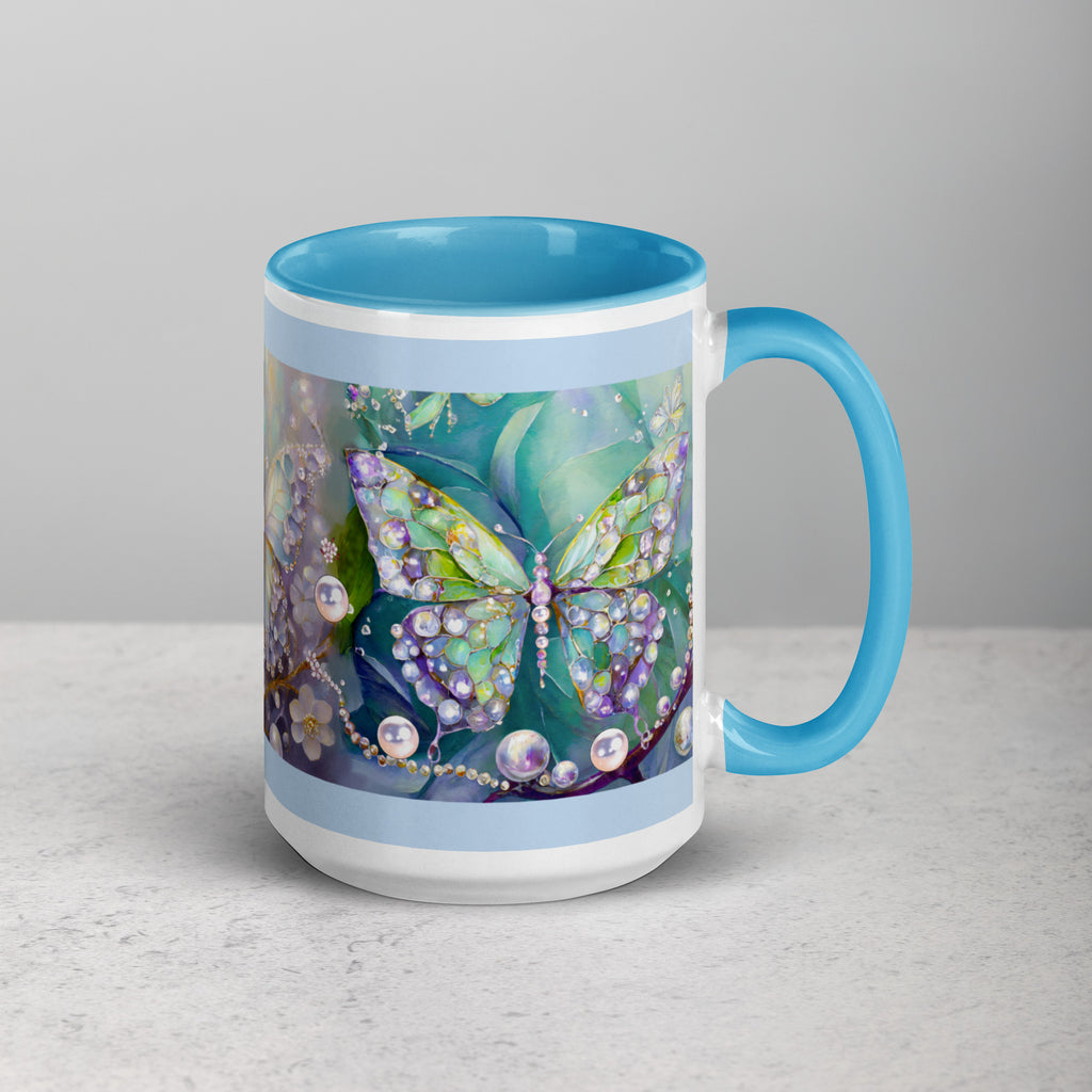 Premium White Ceramic -  Jeweled Butterfly Mug - Blue Interior Elegant Ceramic Mug -15-oz-right