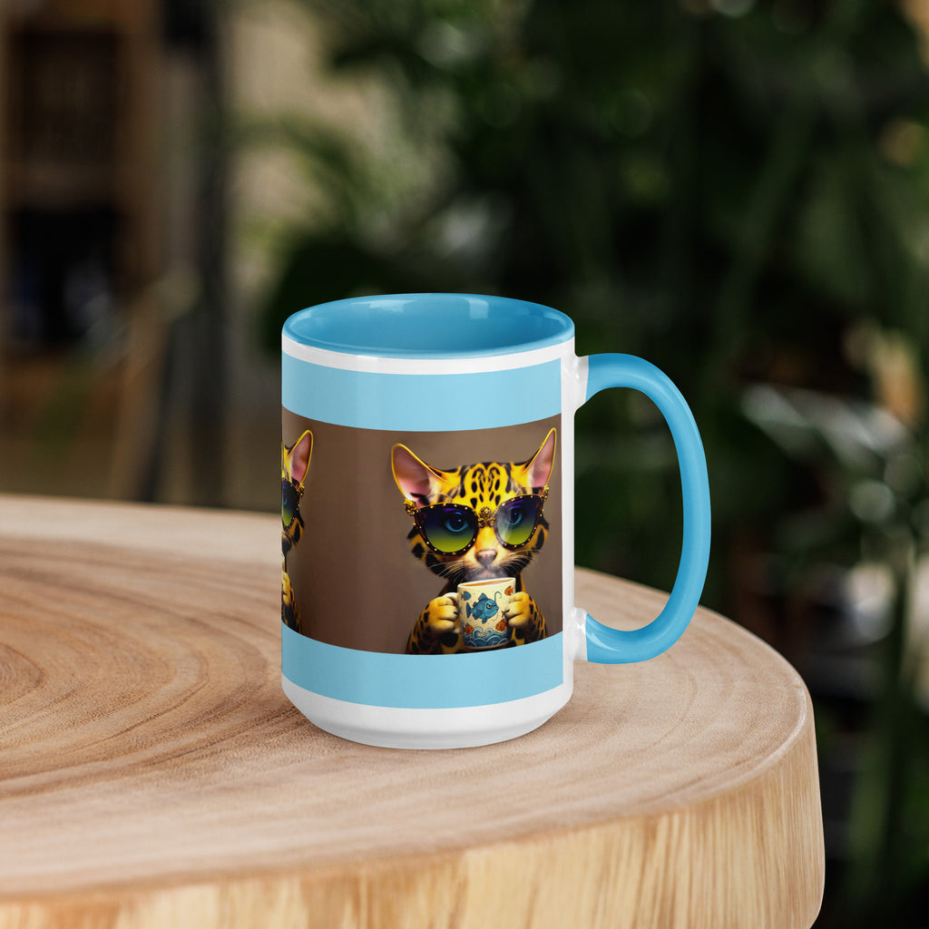 Premium White Ceramic -Blue Inside-   Cool Bengal Cat Coffee Mug - Cat with Fish Mug Sky Blue -15 oz - right view