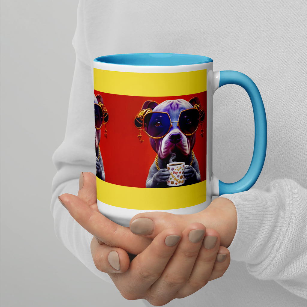 Premium Ceramic - Cool Pitbull Treats Mug - Dog with Treats Mug Blue interior- Pitbul with sunglasses holding his dog treats mug - 15 oz - right