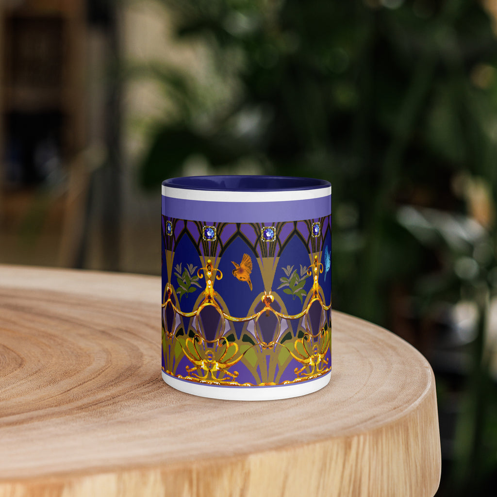 Premium white Ceramic with Color Inside- Art Deco Ornamental Mug - 1920s Vintage Navy Blue Ceramic Mug -exquisite design of golden swags, jeweled medallions, and nature-inspired motifs set against a rich navy blue background.  - 11oz - front view
