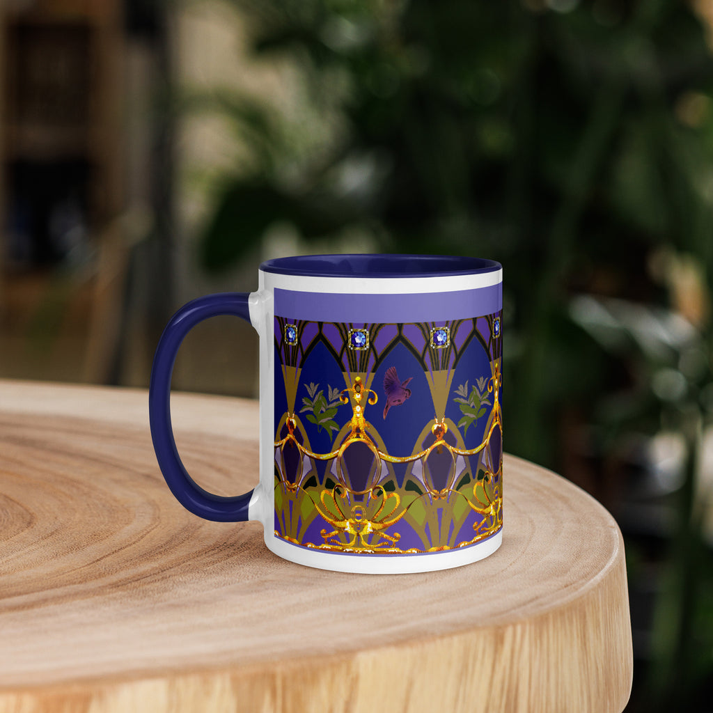 Premium white Ceramic with Color Inside- Art Deco Ornamental Mug - 1920s Vintage Navy Blue Ceramic Mug -exquisite design of golden swags, jeweled medallions, and nature-inspired motifs set against a rich navy blue background.  - 11oz - left view