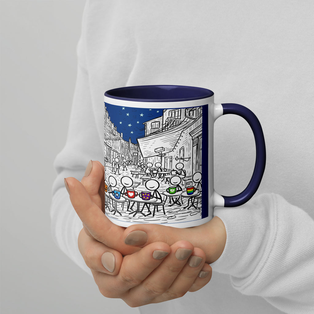 Fun Premium White Ceramic mug with navy blue color inside features a  night under the stars where people gather at an outdoor café and enjoy their coffee in colorful mugs.  11 - oz right view