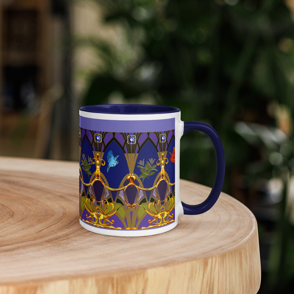 Premium white Ceramic with Color Inside- Art Deco Ornamental Mug - 1920s Vintage Navy Blue Ceramic Mug -exquisite design of golden swags, jeweled medallions, and nature-inspired motifs set against a rich navy blue background.  - 11oz - right view