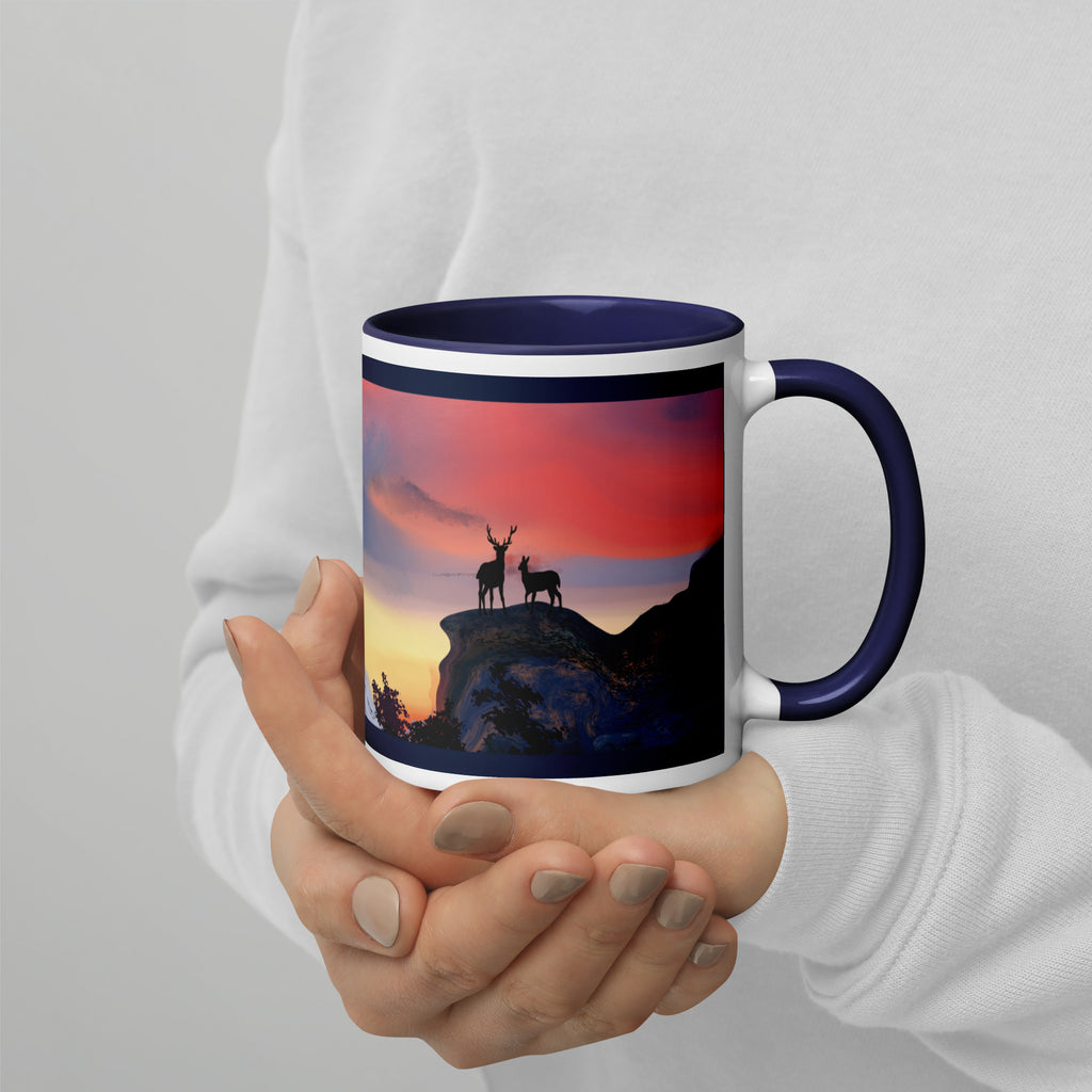 Premium White Ceramic - Deer at Sunset Mug - Navy Blue inside- Wildlife Nature Mug-11-oz-right