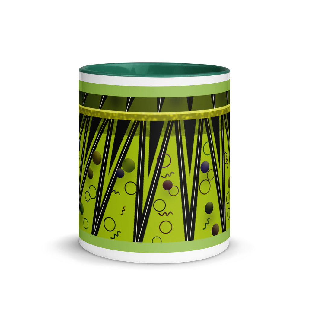 Premium White Ceramic -  Art Deco Geometric Mug - 1920s Vintage Green Ceramic Mug - 11oz - front view