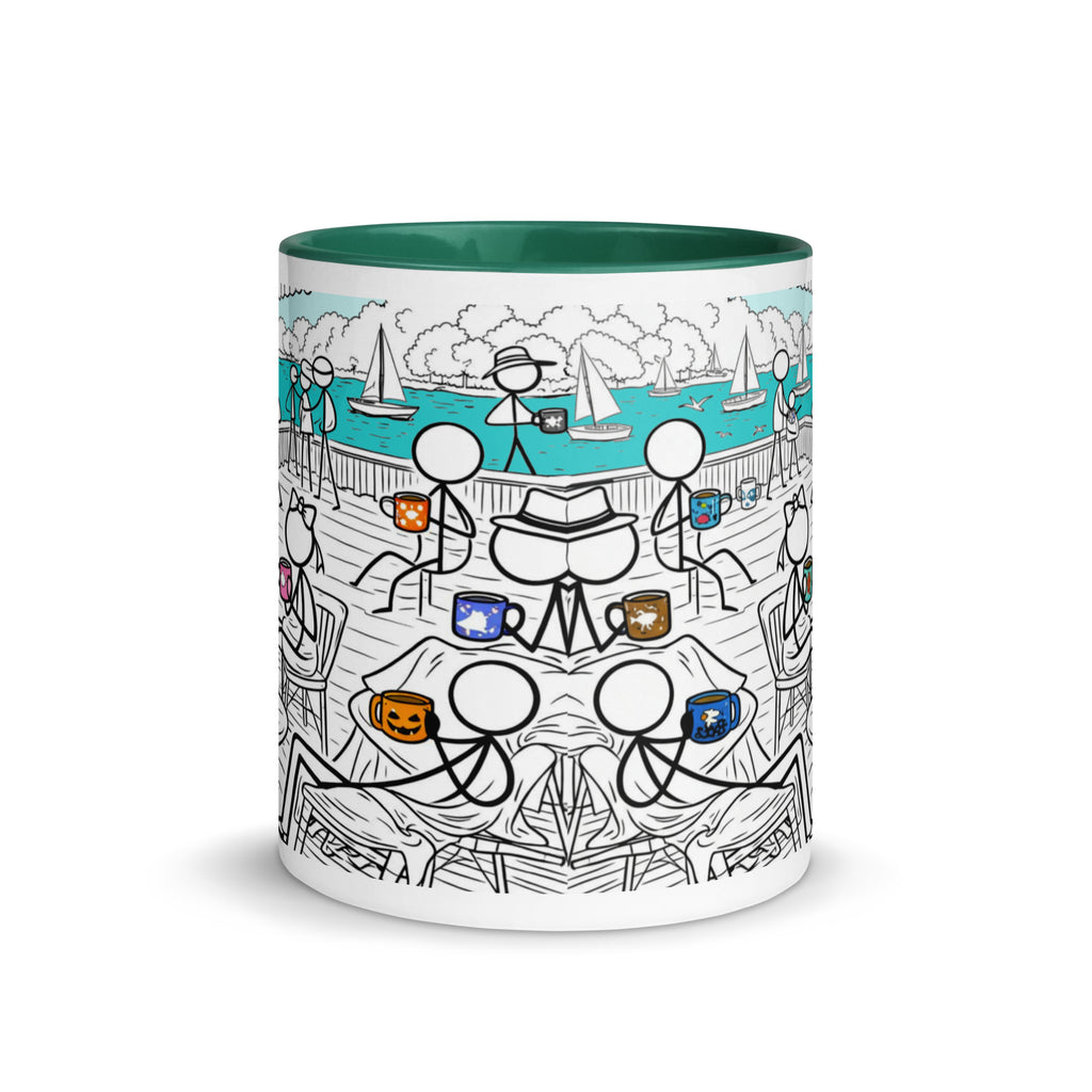 Premium White Ceramic -  Seaside Café Mug with Color Inside - Dark Green - 11oz - front view