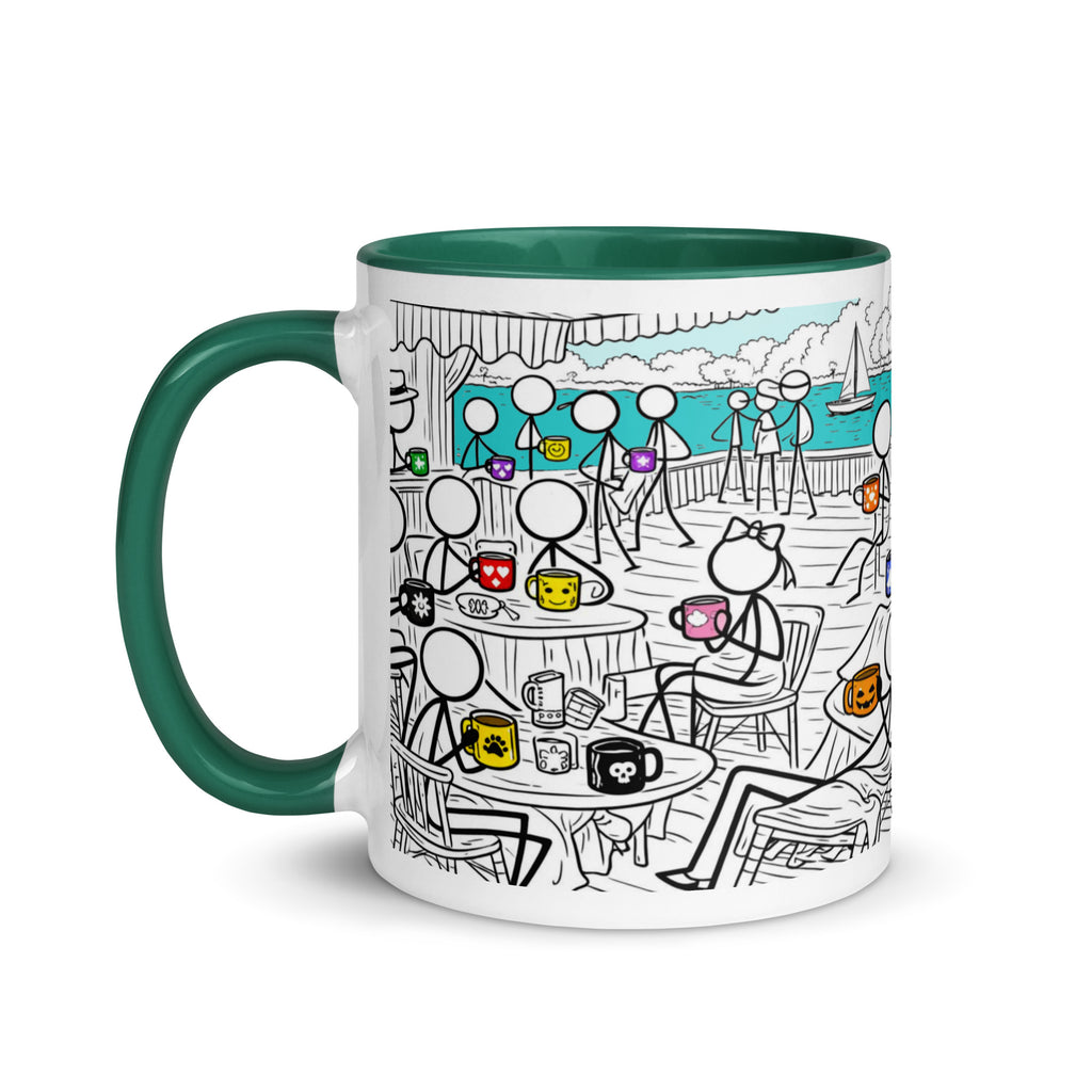 Premium White Ceramic -  Seaside Café Mug with Color Inside - Dark Green - 11oz - left view