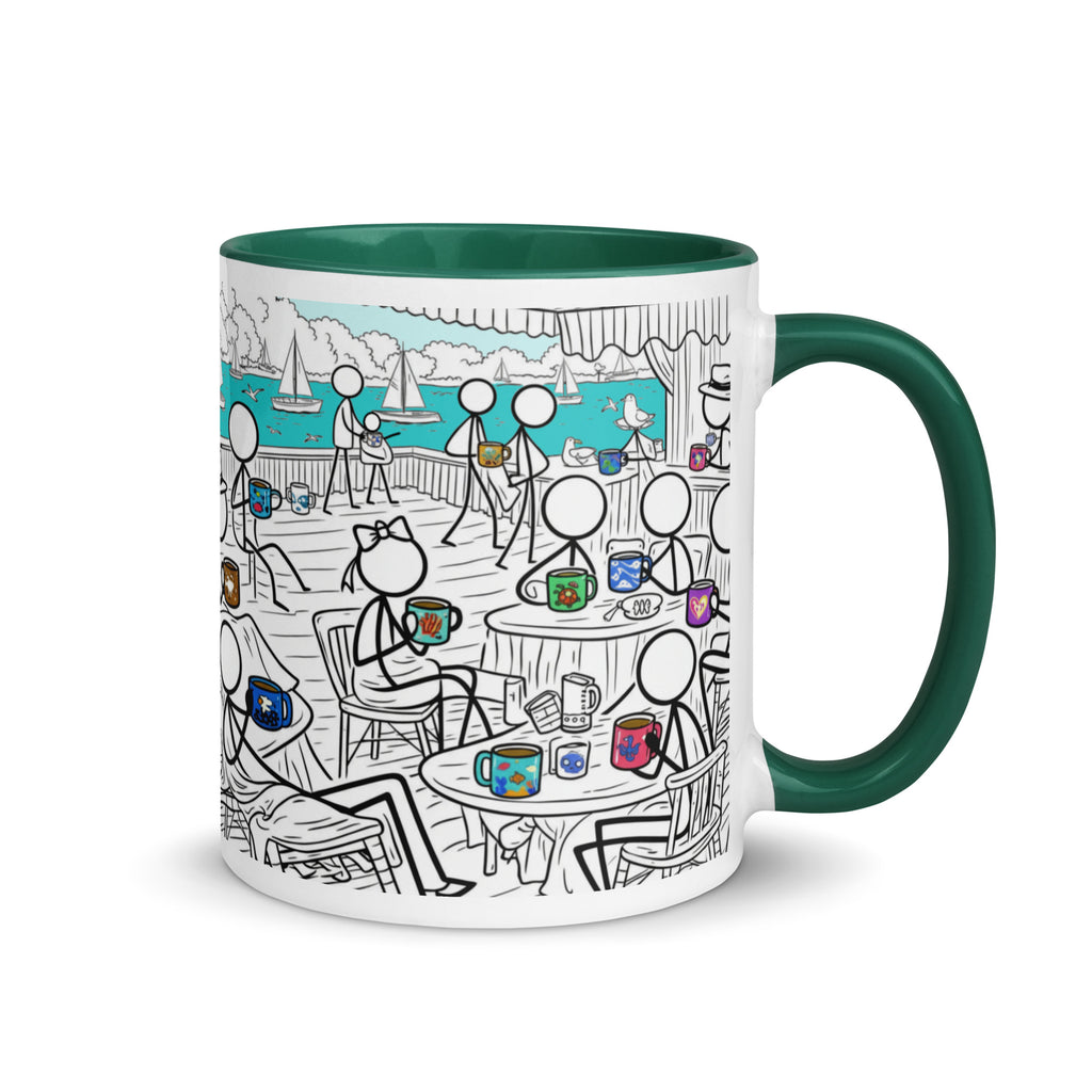 Premium White Ceramic -  Seaside Café Mug with Color Inside - Dark Green - 11oz - right view