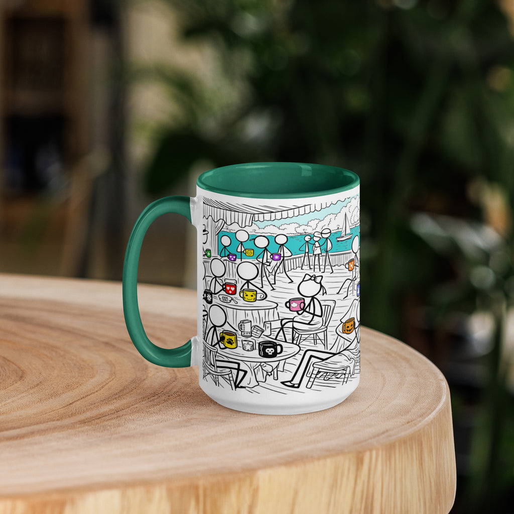 Premium White Ceramic -  Seaside Café Mug with Color Inside - Dark Green - 15 oz - left view