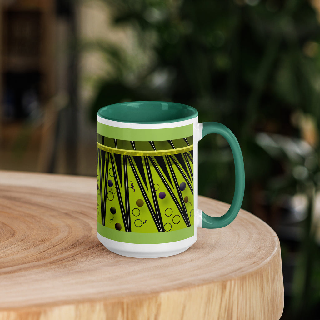 Premium White Ceramic -  Art Deco Geometric Mug - 1920s Vintage Green Ceramic Mug - 15 oz - right view