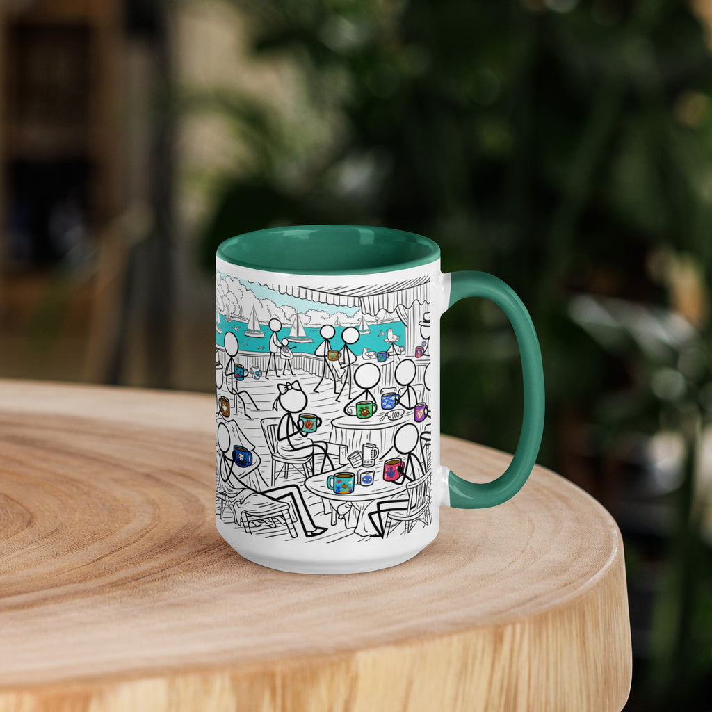 Premium White Ceramic -  Seaside Café Mug with Color Inside - Dark Green - 15 oz - right view