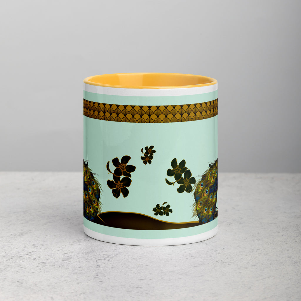 Premium White Ceramic -  Art Deco Peacock Mug - 1920s Vintage Golden Yellow Ceramic Mug - 11oz - front view