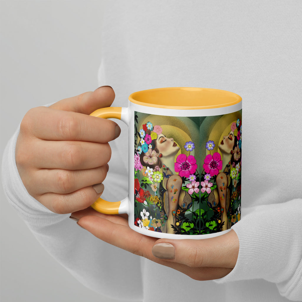 Premium White Ceramic with orange color interior-Floral Beauty Ceramic Mug - Botanical Flower Design Mug -timeless beauty of botanical gardens and the art of floral illustration, this mug celebrates the delicate elegance of flowers in full bloom-11 oz left view