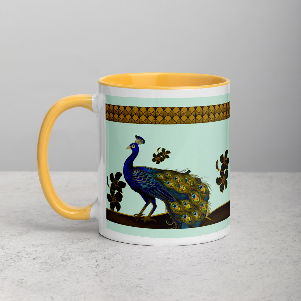 Premium White Ceramic -  Art Deco Peacock Mug - 1920s Vintage Golden Yellow Ceramic Mug - 11oz - left view