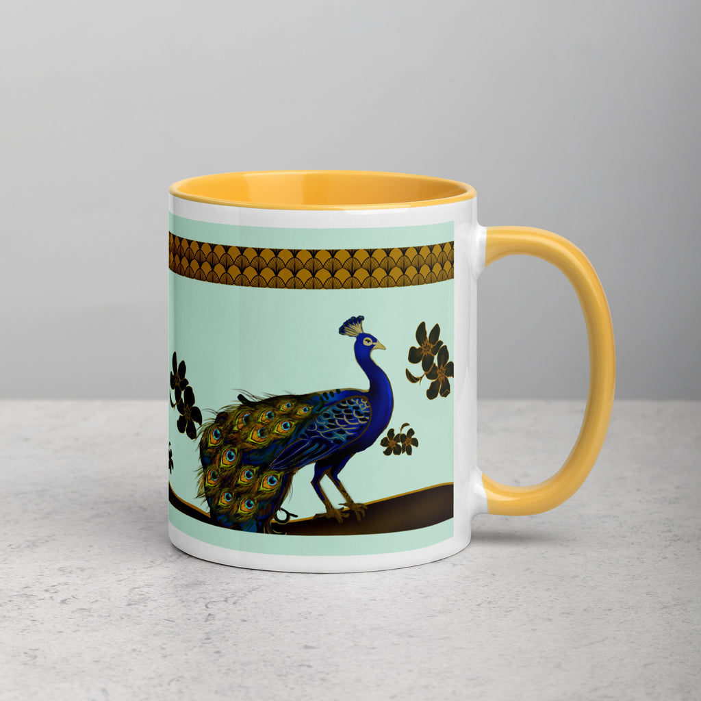 Premium White Ceramic -  Art Deco Peacock Mug - 1920s Vintage Golden Yellow Ceramic Mug - 11oz - right view