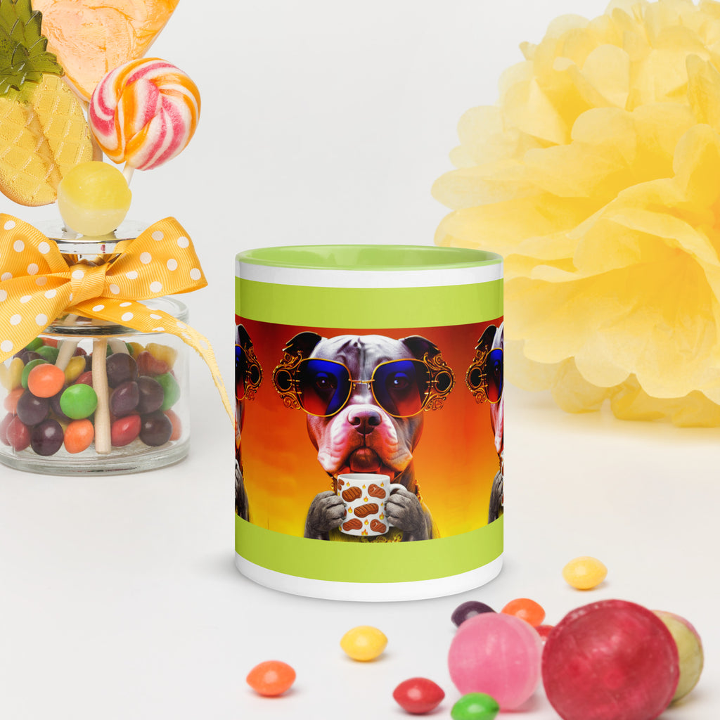 Premium Ceramic green interior- Cool Pitbull Steak Mug - Dog with Rainbow Sunglasses  holding a steak mug - front view 11 oz