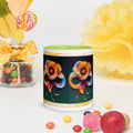 Premium White Ceramic - Abstract Rainbow Floral Mug - Green Interior Art Mug - 11 - oz - front
