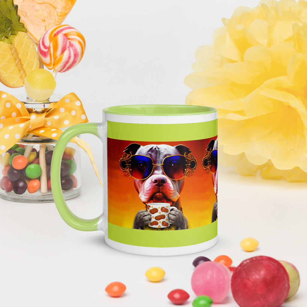 Premium Ceramic green interior- Cool Pitbull Steak Mug - Dog with Rainbow Sunglasses  holding a steak mug - left view 11 oz