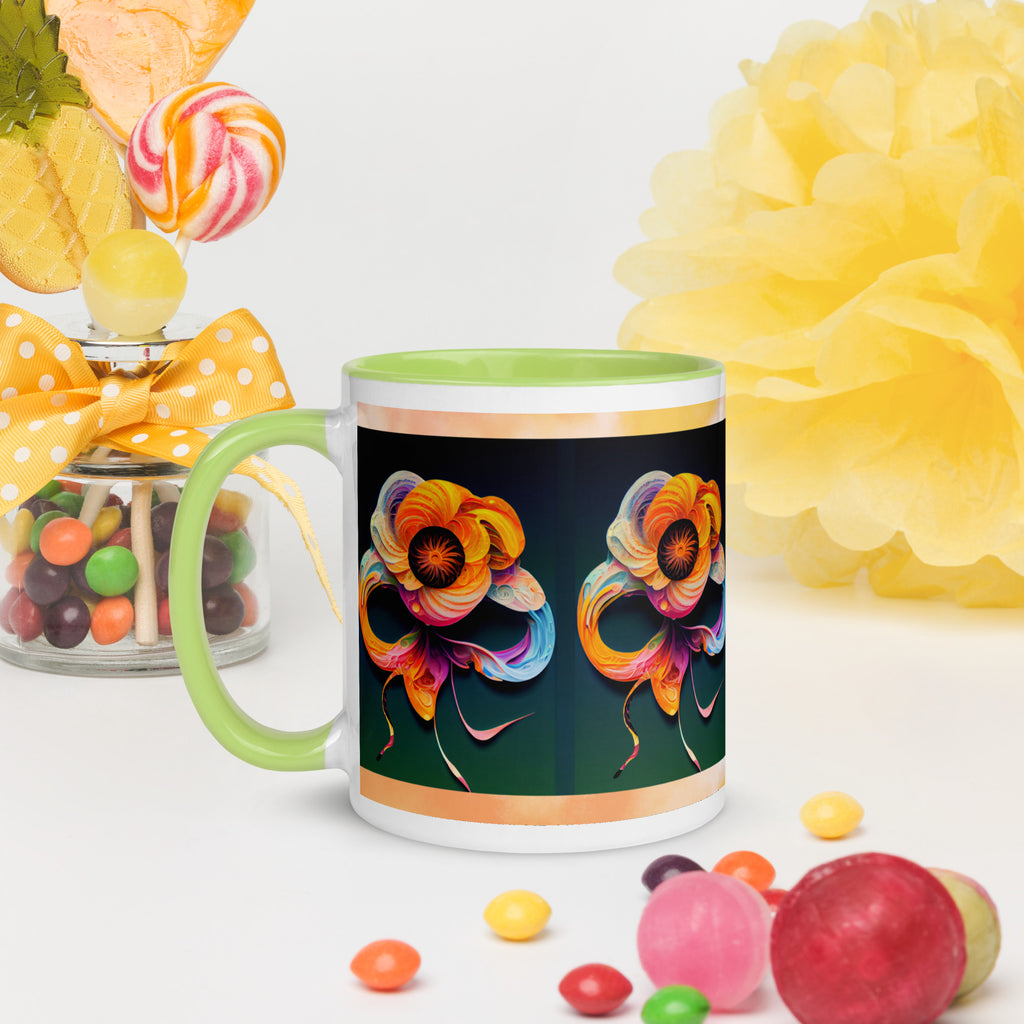 Premium White Ceramic - Abstract Rainbow Floral Mug - Green Interior Art Mug - 11 - oz - left