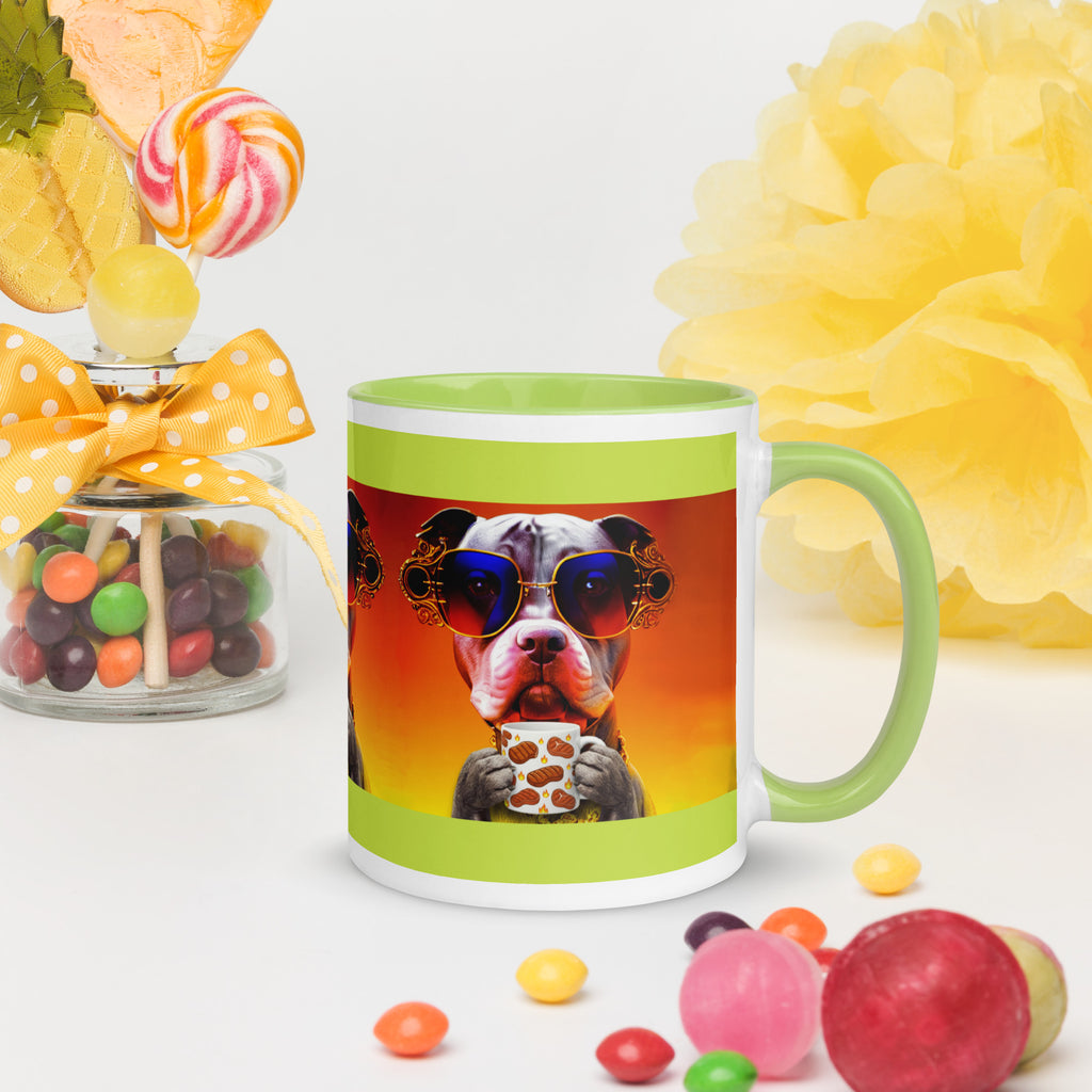 Premium Ceramic green interior- Cool Pitbull Steak Mug - Dog with Rainbow Sunglasses  holding a steak mug - right view 11 oz