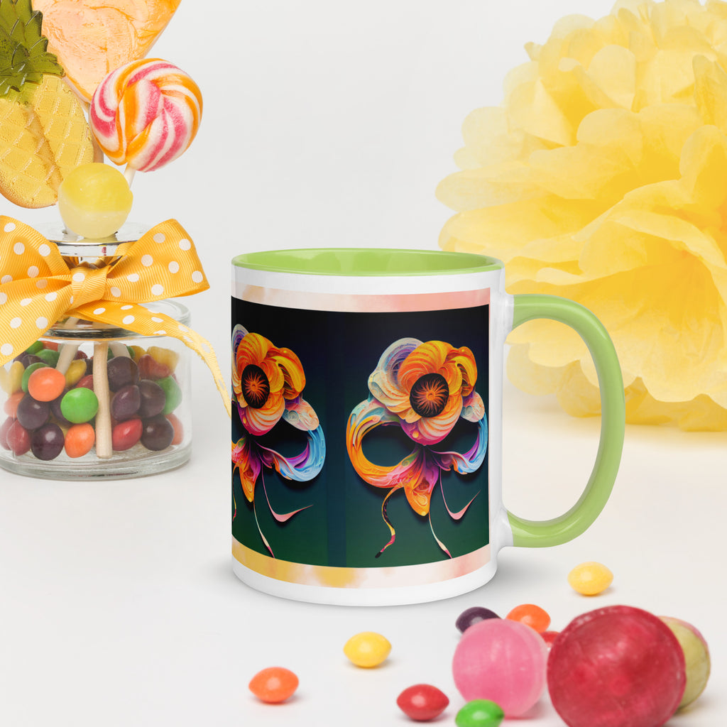 Premium White Ceramic - Abstract Rainbow Floral Mug - Green Interior Art Mug - 11 - oz - right