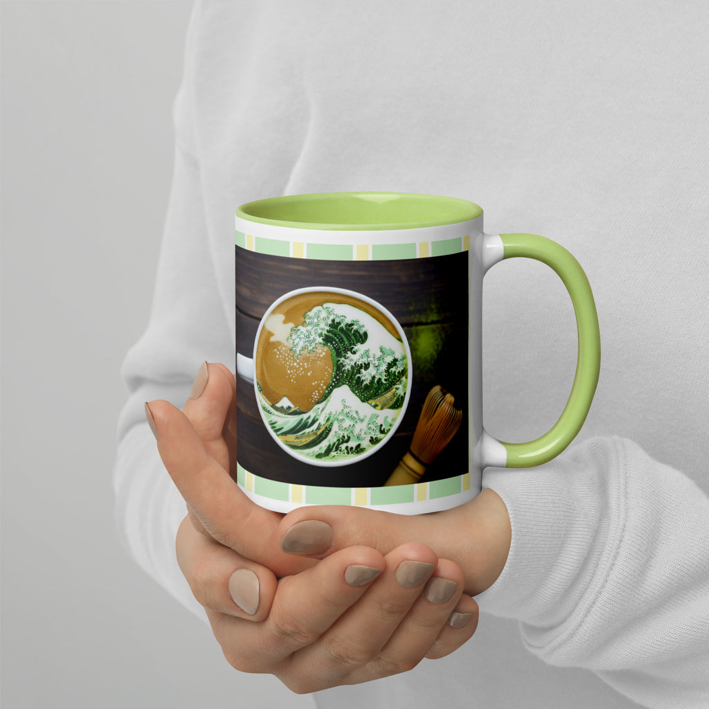 Premium White Ceramic -  Matcha Wave Bowl Mug - Green Interior Japanese Tea Mug -11-oz-right