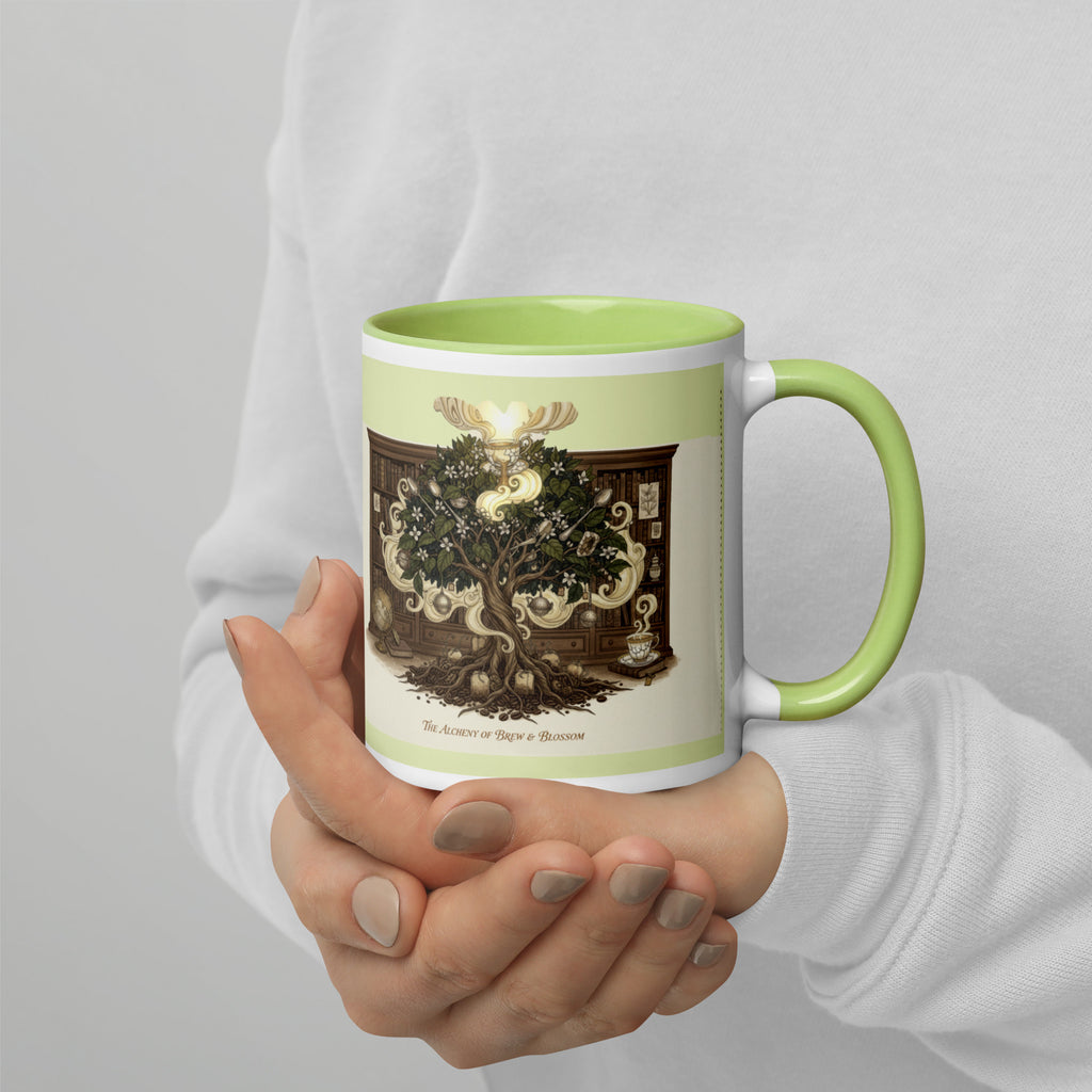 Premium white ceramic - Alchemy of Brew & Blossom Mug with light green inside - 11 oz - right