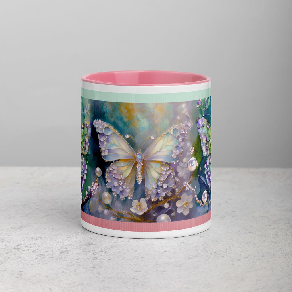 Premium White Ceramic -  Jeweled Butterfly Mug - Pink Interior Sparkle Mug -11-oz-front