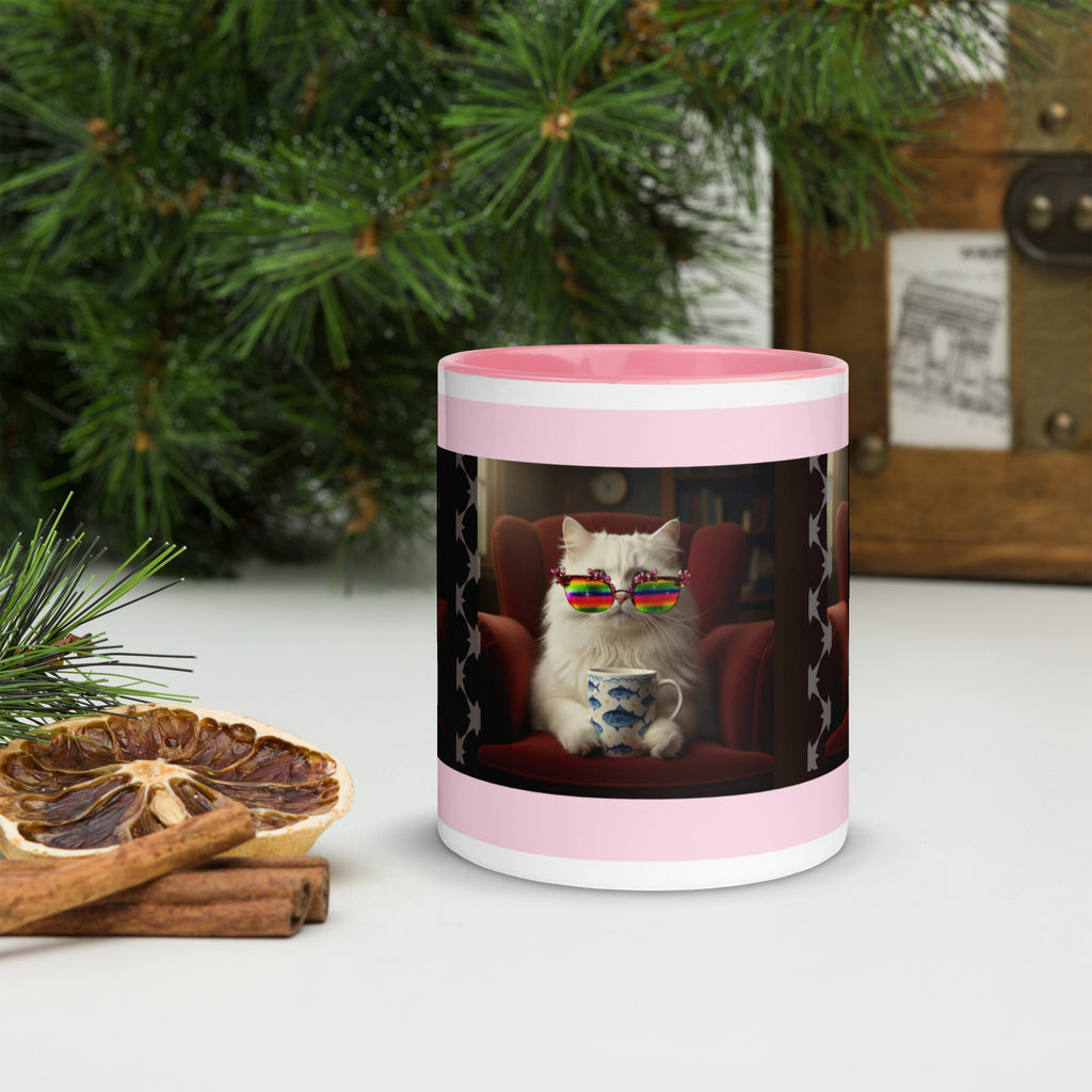 Premium White Ceramic -   Cool Cat Coffee Mug - Angora Cat with Rainbow Shades Pink -11oz- front view