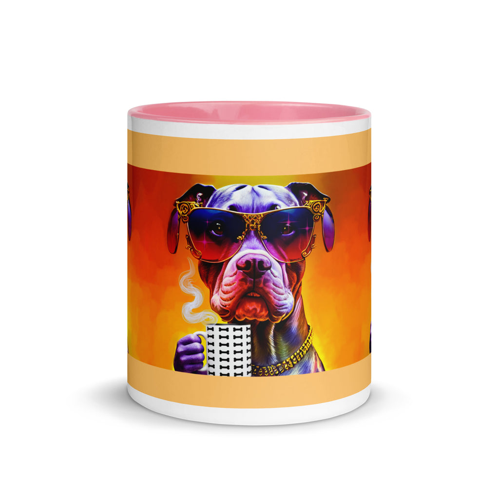 Premium Ceramic pink interior- Cool Pitbull Bone Mug - Dog with Designer Sunglasses  holding a bone mug - front view 11 oz
