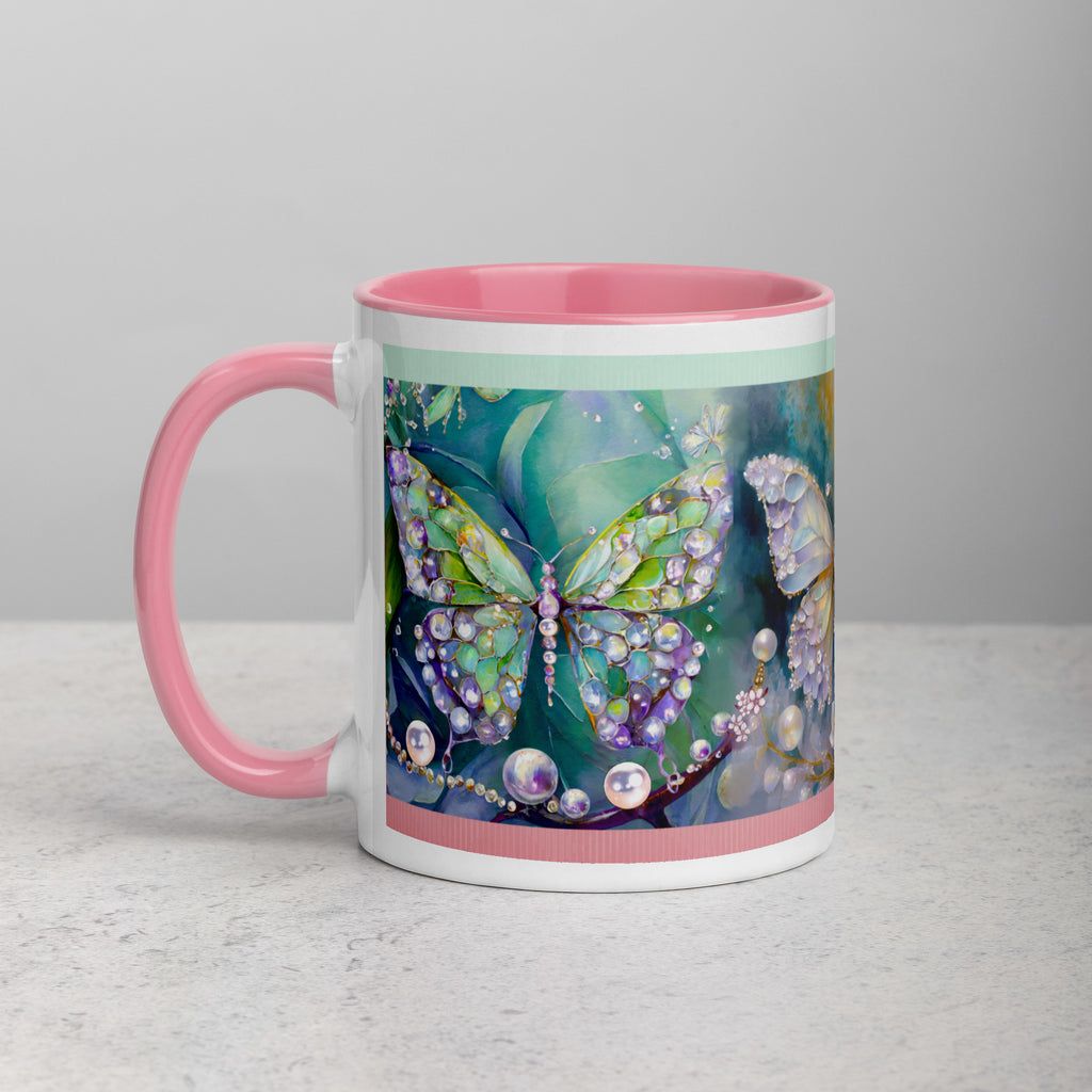 Premium White Ceramic -  Jeweled Butterfly Mug - Pink Interior Sparkle Mug -11-oz-left