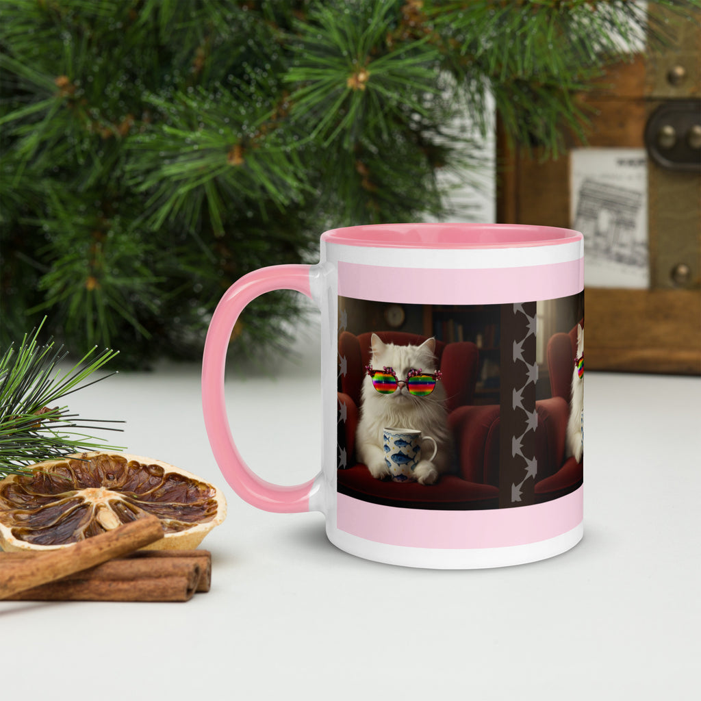 Premium White Ceramic -   Cool Cat Coffee Mug - Angora Cat with Rainbow Shades Pink -11oz- left view