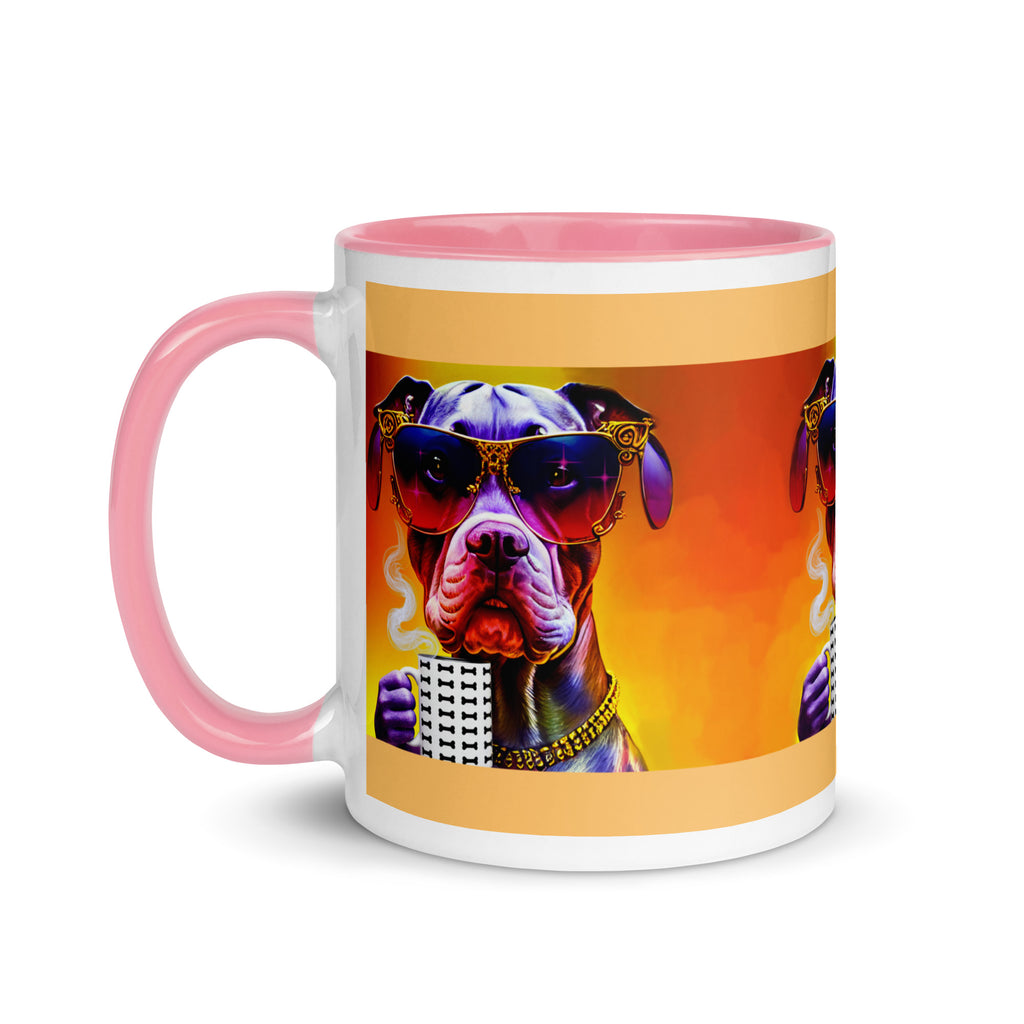 Premium Ceramic pink interior- Cool Pitbull Bone Mug - Dog with Designer Sunglasses  holding a bone mug - left view 11 oz