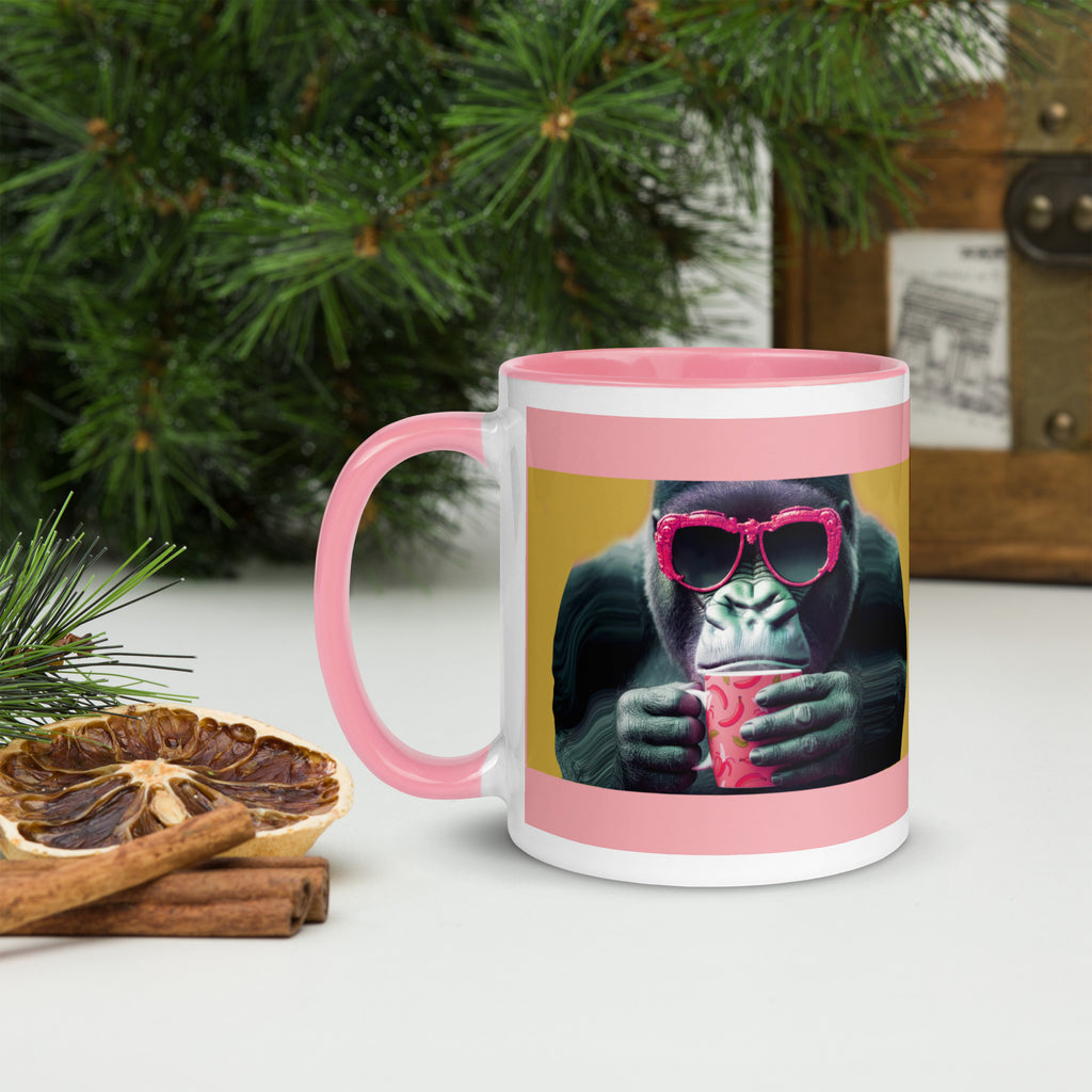 Premium Ceramic -Cool Gorilla Coffee Mug - Pink interior -Gorilla with Banana Mug  -11oz- left view