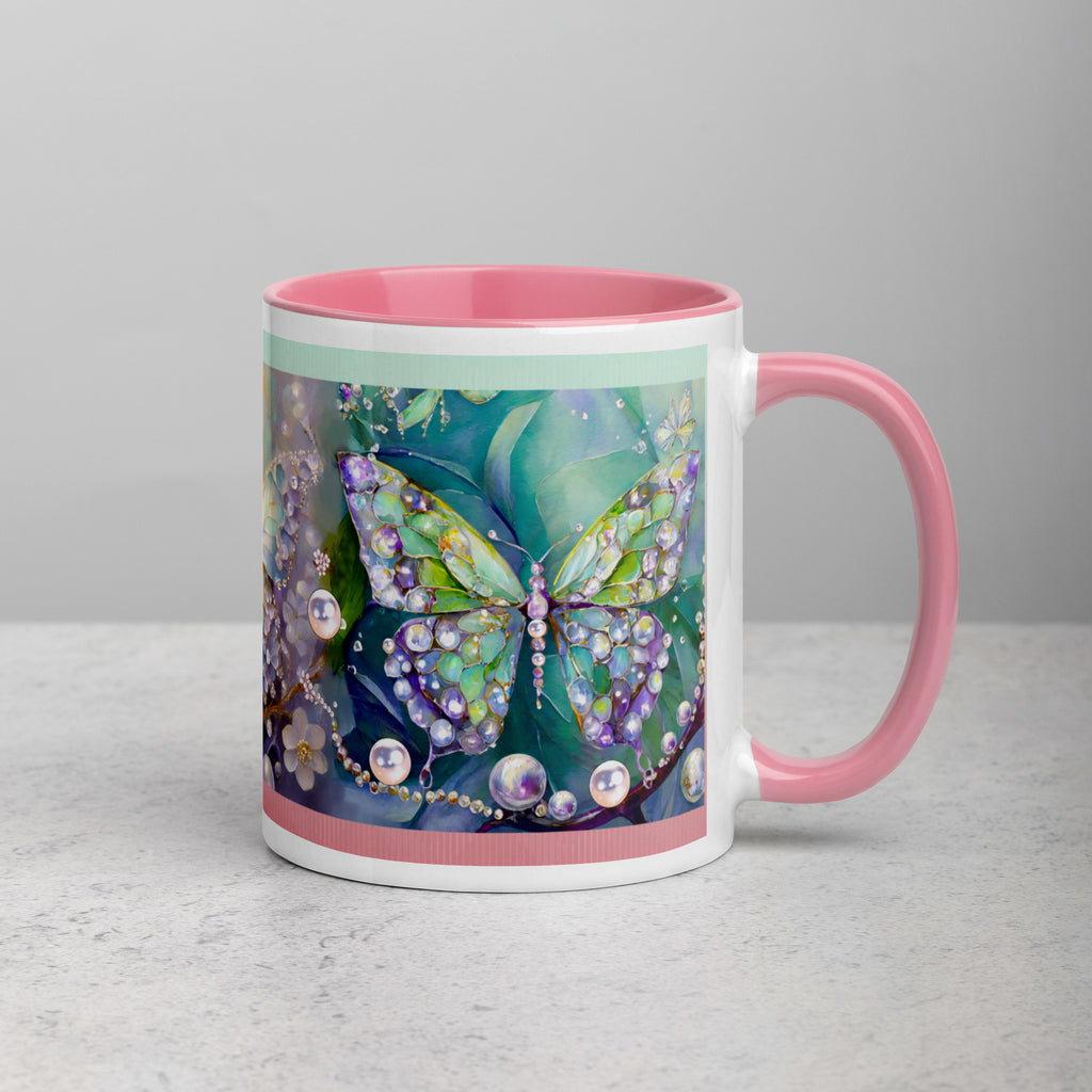 Premium White Ceramic -  Jeweled Butterfly Mug - Pink Interior Sparkle Mug -11-oz-right
