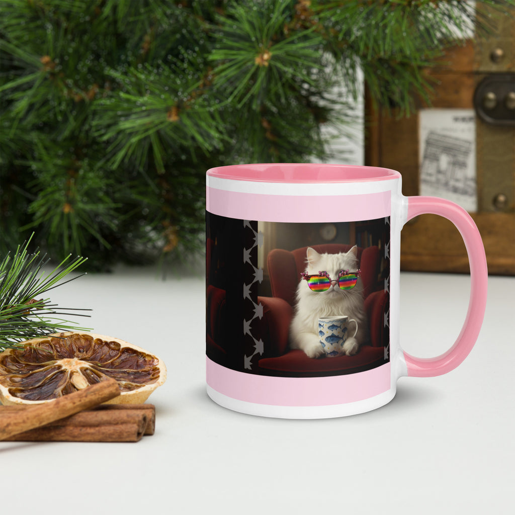 Premium White Ceramic -   Cool Cat Coffee Mug - Angora Cat with Rainbow Shades Pink -11oz- right view
