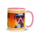 Premium Ceramic pink interior- Cool Pitbull Bone Mug - Dog with Designer Sunglasses  holding a bone mug - right view 11 oz