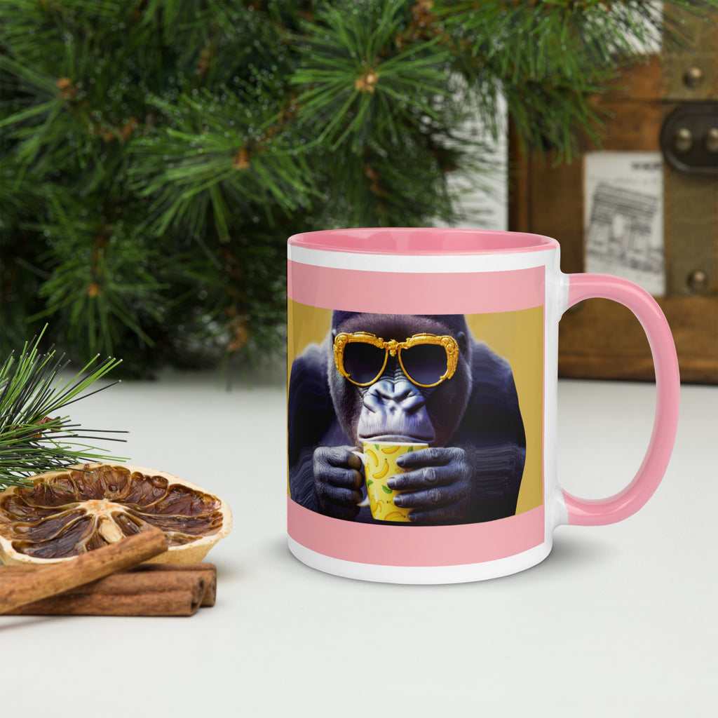 Premium Ceramic -Cool Gorilla Coffee Mug - Pink interior -Gorilla with Banana Mug  -11oz- right view