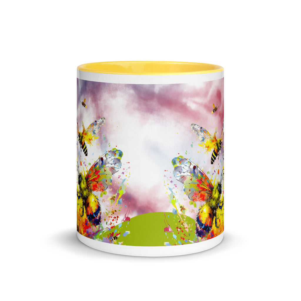 Premium White Ceramic -   Watercolor Bees & Butterflies Mug - Yellow Interior Ceramic Nature Mug -11-oz-front