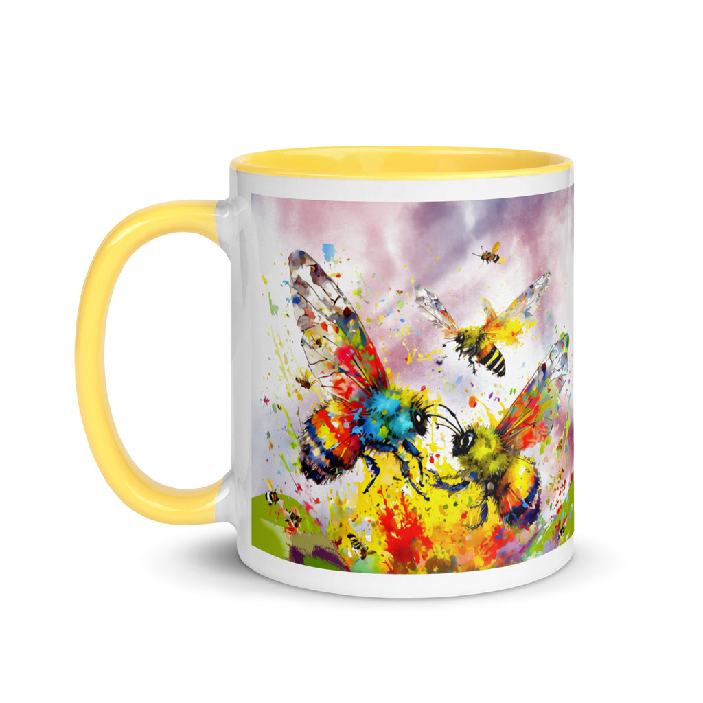 Premium White Ceramic -   Watercolor Bees & Butterflies Mug - Yellow Interior Ceramic Nature Mug -11-oz-left
