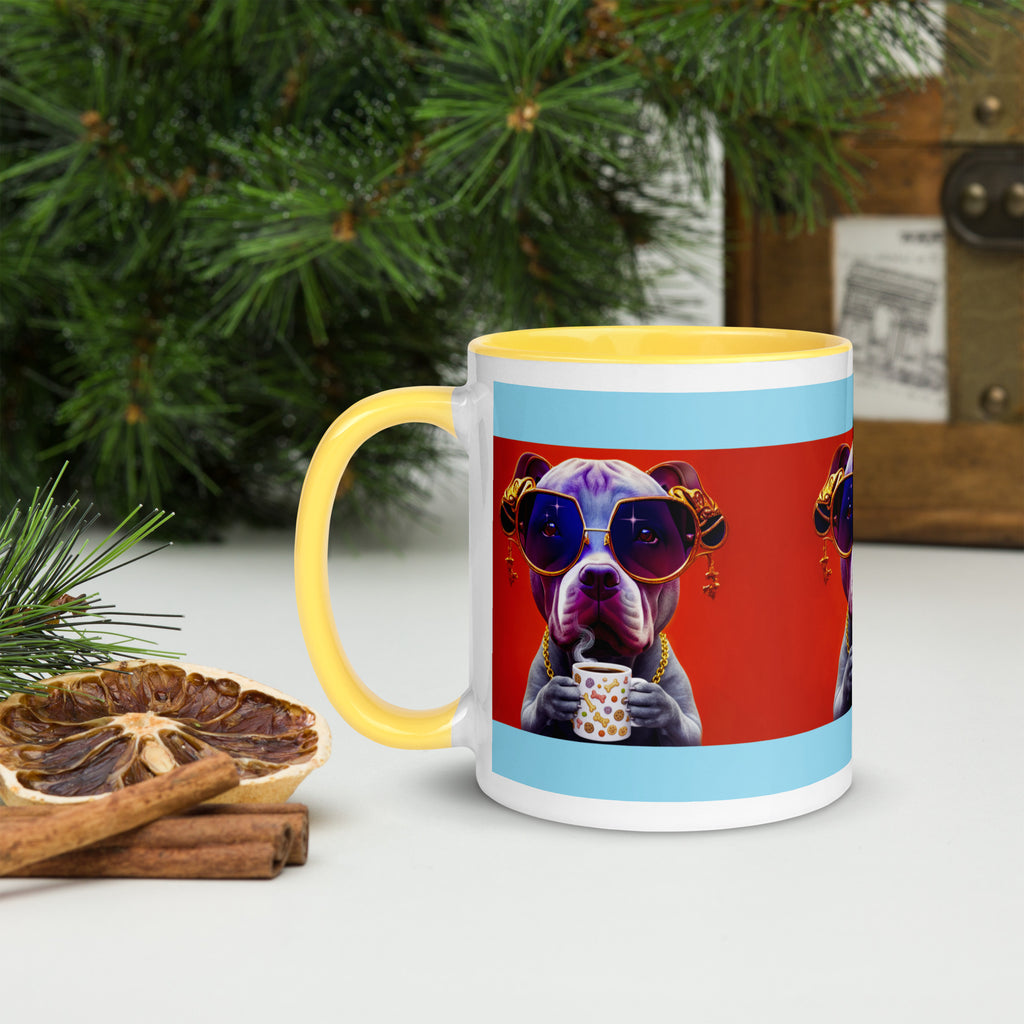 Premium Ceramic - Cool Pitbull Treats Mug - Dog with Treats Mug Yellow interior- Pitbul with sunglasses holding his dog treats mug - 11 oz - left