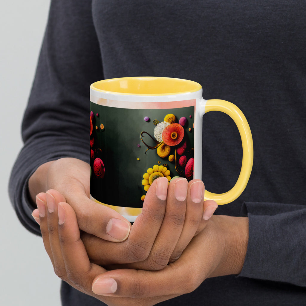 Premium White Ceramic -Paper Art Floral Mug - Yellow Interior Ceramic Art Mug - 11-oz-right