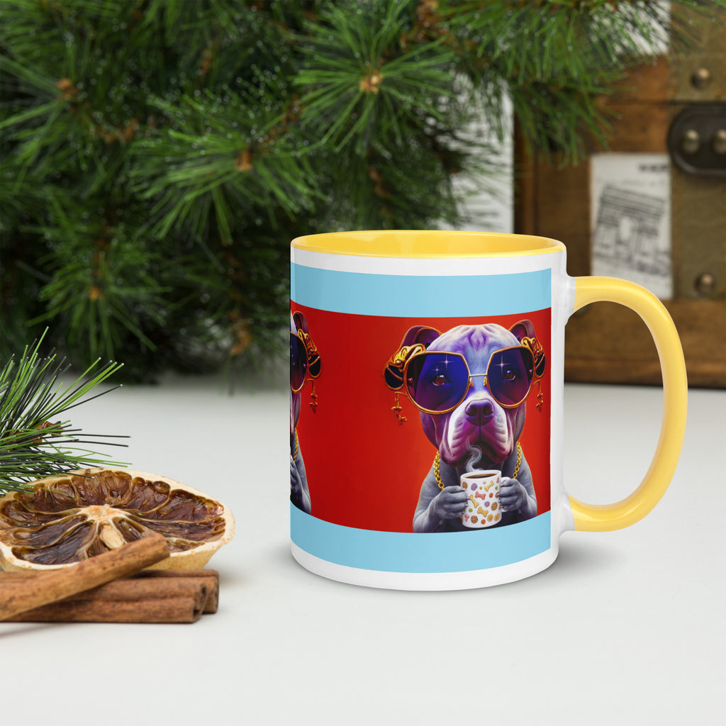 Premium Ceramic - Cool Pitbull Treats Mug - Dog with Treats Mug Yellow interior- Pitbul with sunglasses holding his dog treats mug - 11 oz - right