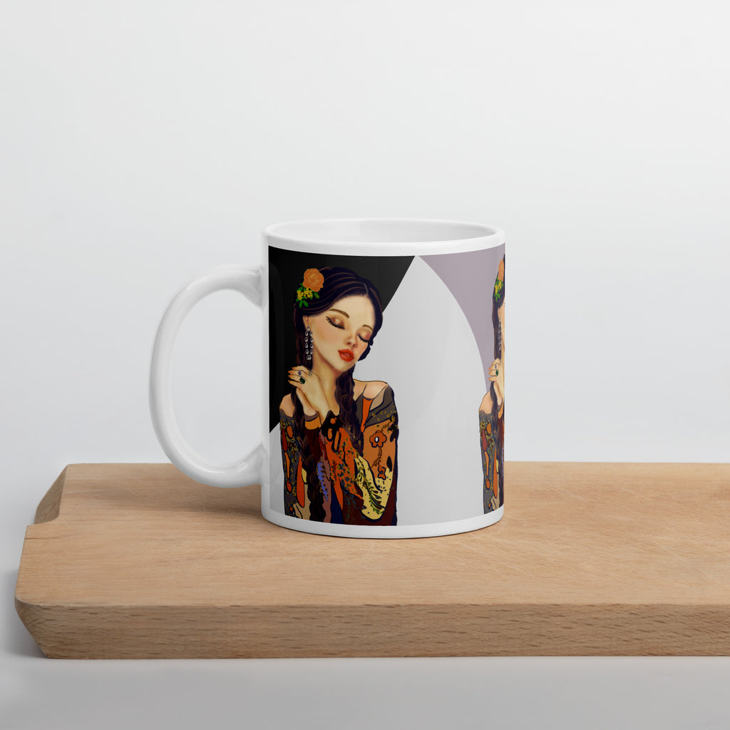 Vintage Pin-Up Woman Mug - Colorful Patterned Blouse White Ceramic Mug-11-oz-left