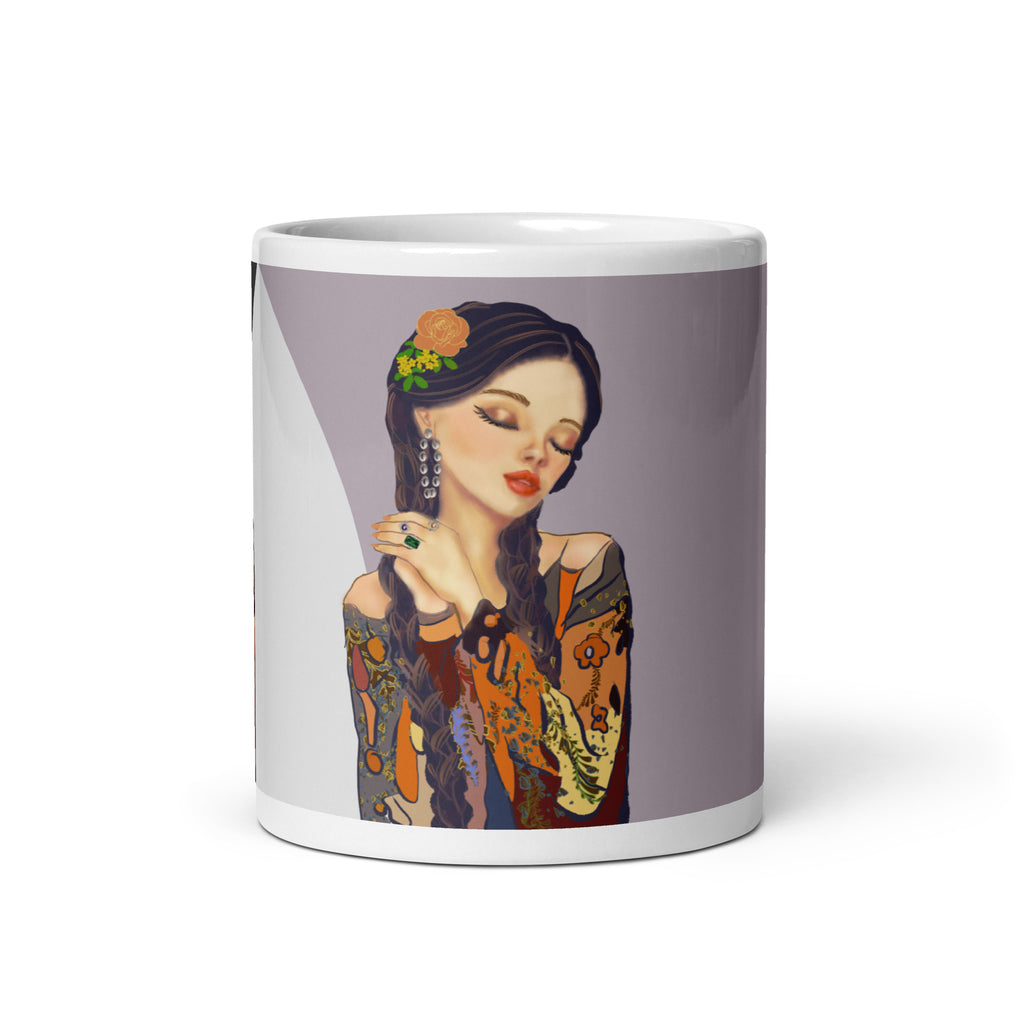 Vintage Pin-Up Woman Mug - Colorful Patterned Blouse White Ceramic Mug-11-oz-front