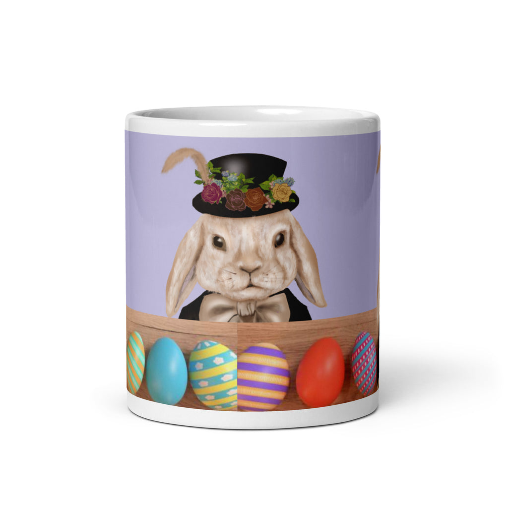 Dapper Bunny Easter Mug with Victorian rabbit in top hat and bow tie on lavender background with colorful Easter eggs - 11 oz ceramic coffee mug-front view