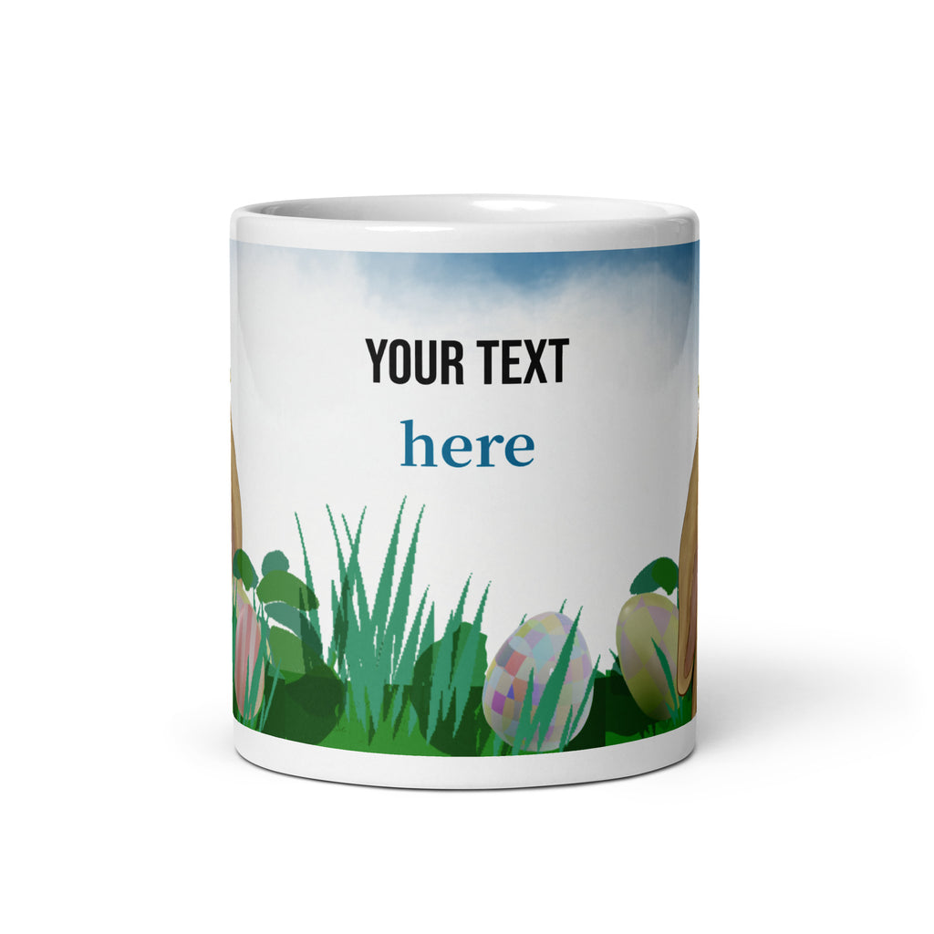 Spring Bunny Lady Mug Easter Coffee Mug with charming spring bunny adorned with a delicate flower crown hat in field of grass, light blue sky and Easter eggs. Customize with text in all sizes - 11 oz - front view