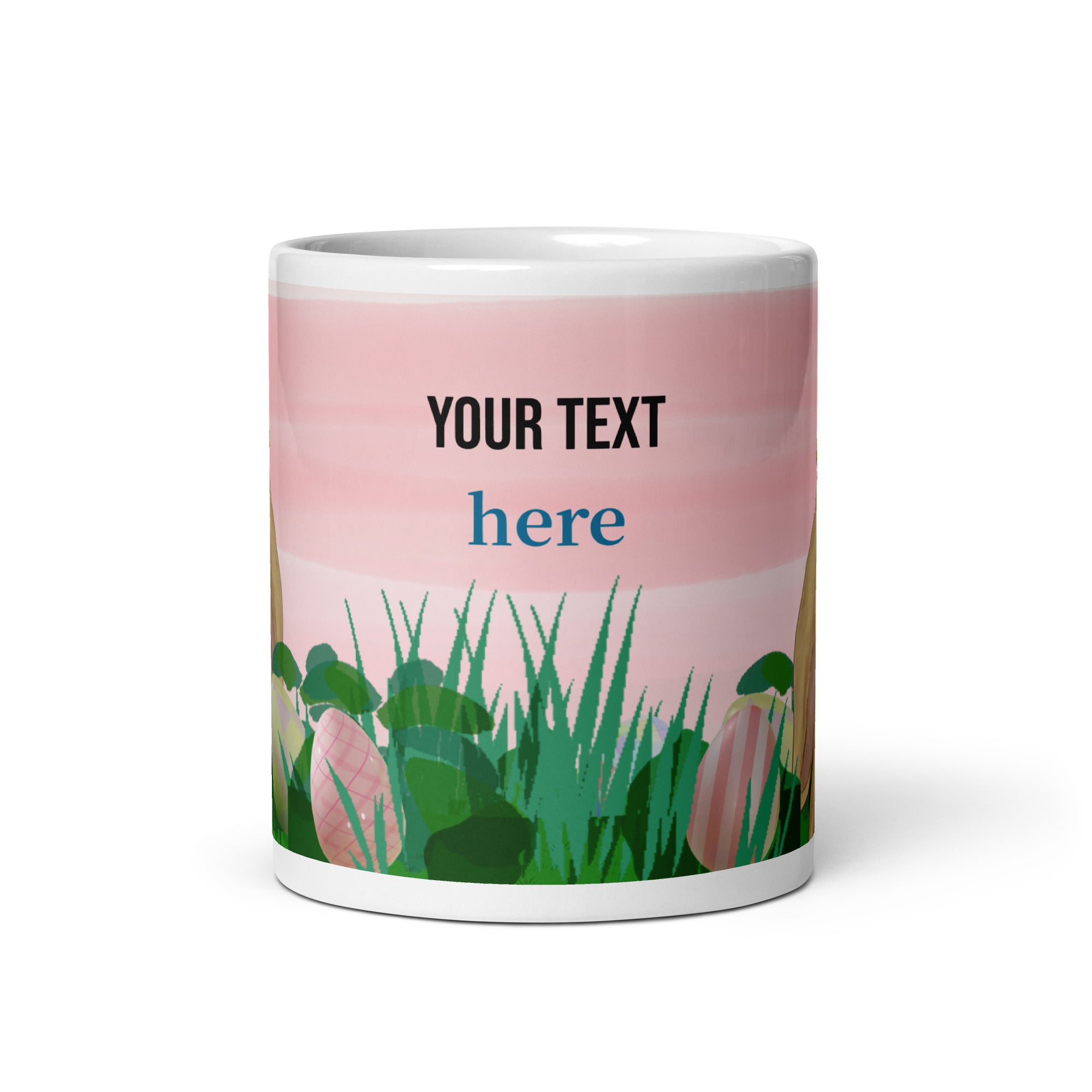 Spring Bunny Lady Mug Easter Coffee Mug with charming spring bunny adorned with a delicate flower crown hat in field of grass, pink sky and Easter eggs. Customize with text in all sizes - 11 oz - front view